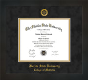 Image of Florida State University Diploma Frame - Flat Matte Black - w/Embossed FSU Seal & College of Medicine Name - Black Suede on Gold mats