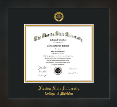 Image of Florida State University Diploma Frame - Flat Matte Black - w/Embossed FSU Seal & College of Medicine Name - Black on Gold mats