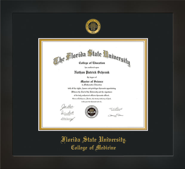 Image of Florida State University Diploma Frame - Flat Matte Black - w/Embossed FSU Seal & College of Medicine Name - Black on Gold mats