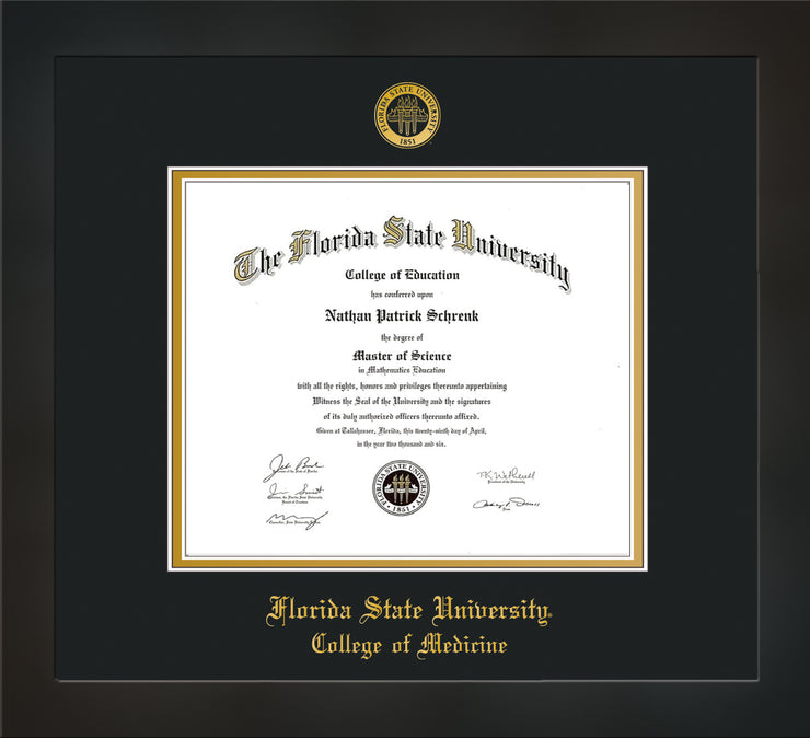 Image of Florida State University Diploma Frame - Flat Matte Black - w/Embossed FSU Seal & College of Medicine Name - Black on Gold mats