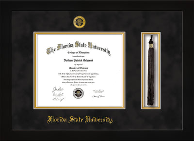 Image of Florida State University Diploma Frame - Flat Matte Black - w/Embossed FSU Seal & Name - Tassel Holder - Black Suede on Gold mats