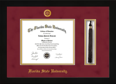 Image of Florida State University Diploma Frame - Flat Matte Black - w/Embossed FSU Seal & Name - Tassel Holder - Garnet Suede on Gold mats