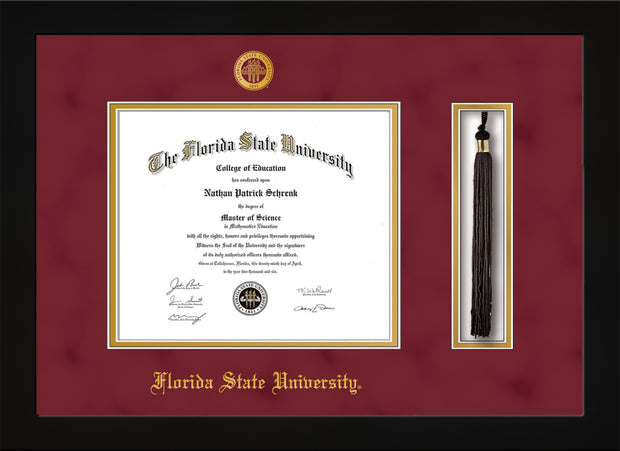 Image of Florida State University Diploma Frame - Flat Matte Black - w/Embossed FSU Seal & Name - Tassel Holder - Garnet Suede on Gold mats