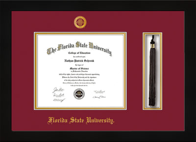 Image of Florida State University Diploma Frame - Flat Matte Black - w/Embossed FSU Seal & Name - Tassel Holder - Garnet on Gold mats