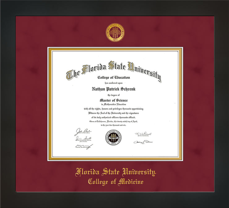 Image of Florida State University Diploma Frame - Flat Matte Black - w/Embossed FSU Seal & College of Medicine Name - Garnet Suede on Gold mats
