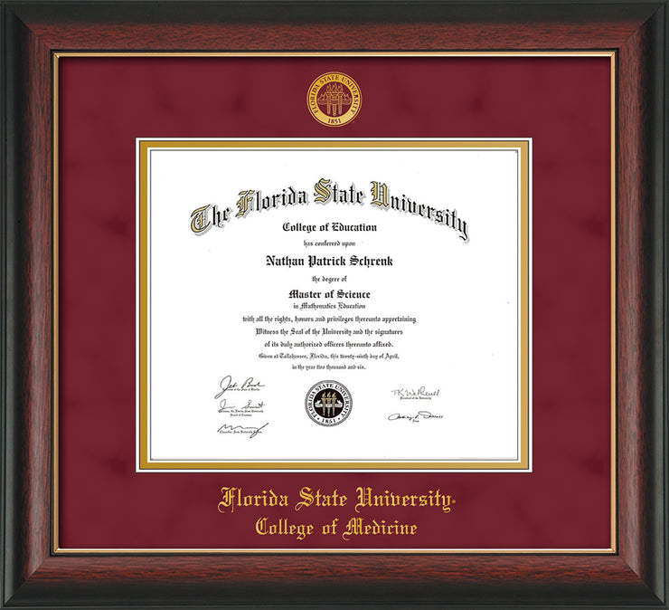 Image of Florida State University Diploma Frame - Rosewood w/Gold Lip - w/Embossed FSU Seal & College of Medicine Name - Garnet Suede on Gold mats