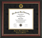 Image of Florida State University Diploma Frame - Rosewood w/Gold Lip - w/Embossed FSU Seal & College of Medicine Name - Black Suede on Gold mats