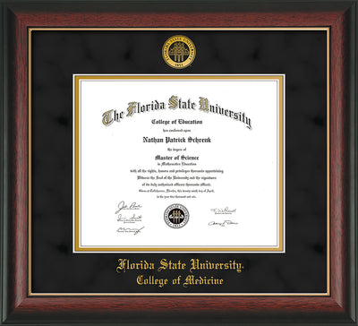 Image of Florida State University Diploma Frame - Rosewood w/Gold Lip - w/Embossed FSU Seal & College of Medicine Name - Black Suede on Gold mats