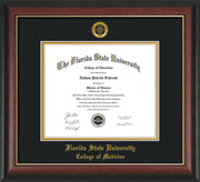 Image of Florida State University Diploma Frame - Rosewood w/Gold Lip - w/Embossed FSU Seal & College of Medicine Name - Black on Gold mats