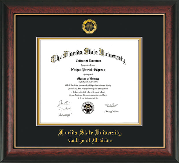 Image of Florida State University Diploma Frame - Rosewood w/Gold Lip - w/Embossed FSU Seal & College of Medicine Name - Black on Gold mats