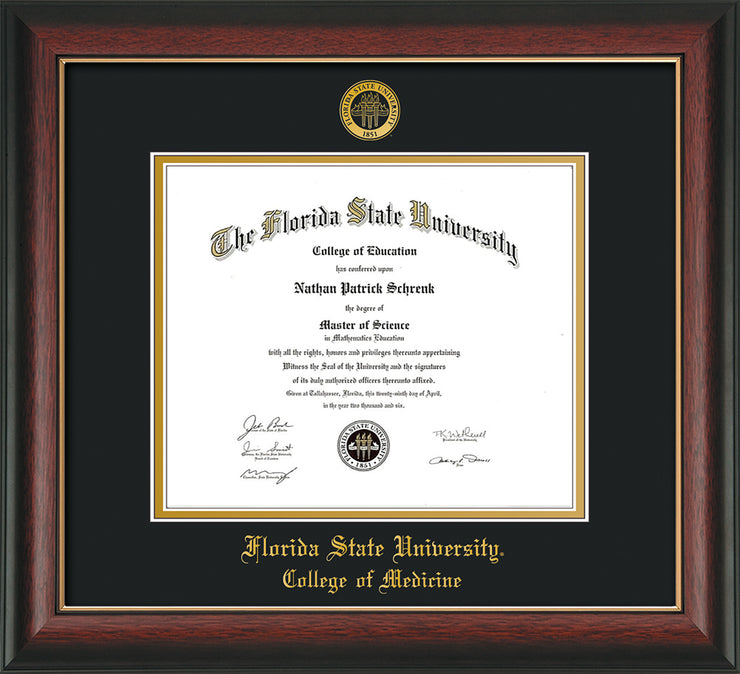 Image of Florida State University Diploma Frame - Rosewood w/Gold Lip - w/Embossed FSU Seal & College of Medicine Name - Black on Gold mats