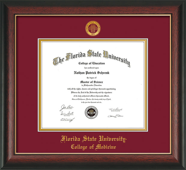 Image of Florida State University Diploma Frame - Rosewood w/Gold Lip - w/Embossed FSU Seal & College of Medicine Name - Garnet on Gold mats