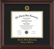 Image of Florida State University Diploma Frame - Mahogany Lacquer - w/Embossed FSU Seal & College of Medicine Name - Black on Gold mats