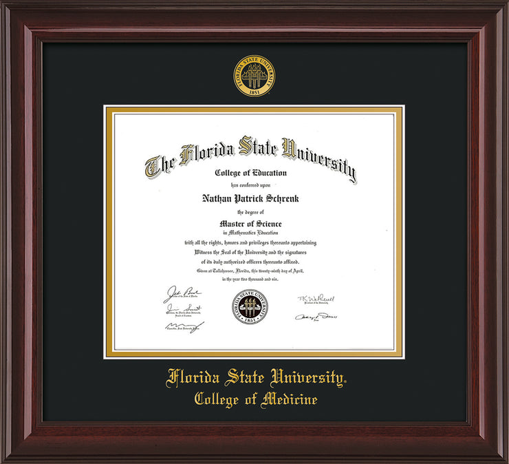 Image of Florida State University Diploma Frame - Mahogany Lacquer - w/Embossed FSU Seal & College of Medicine Name - Black on Gold mats