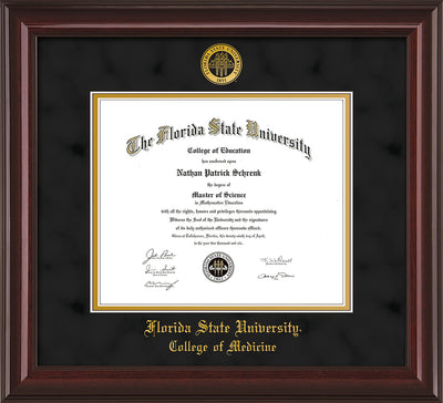 Image of Florida State University Diploma Frame - Mahogany Lacquer - w/Embossed FSU Seal & College of Medicine Name - Black Suede on Gold mats