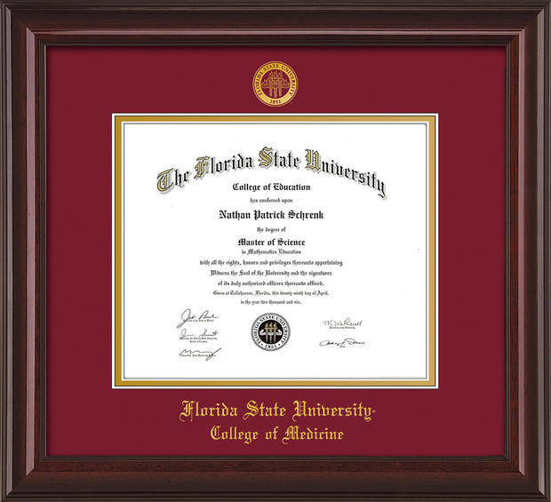 Image of Florida State University Diploma Frame - Mahogany Lacquer - w/Embossed FSU Seal & College of Medicine Name - Garnet on Gold mats
