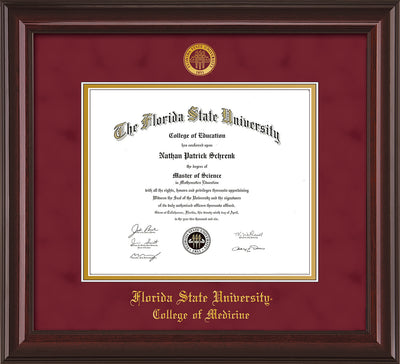 Image of Florida State University Diploma Frame - Mahogany Lacquer - w/Embossed FSU Seal & College of Medicine Name - Garnet Suede on Gold mats