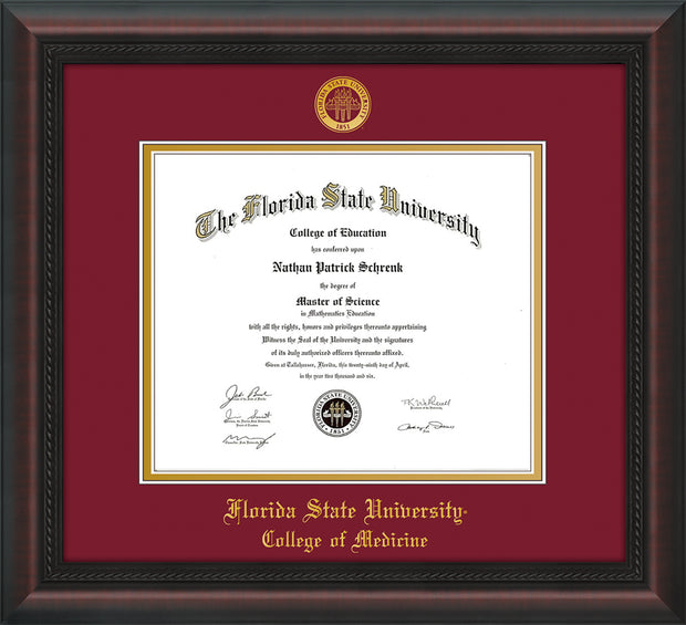 Image of Florida State University Diploma Frame - Mahogany Braid - w/Embossed FSU Seal & College of Medicine Name - Garnet on Gold mats