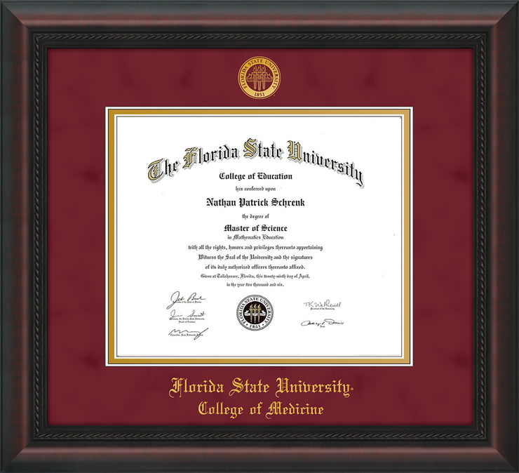 Image of Florida State University Diploma Frame - Mahogany Braid - w/Embossed FSU Seal & College of Medicine Name - Garnet Suede on Gold mats
