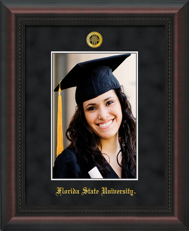 Image of Florida State University 5 x 7 Photo Frame - Mahogany Braid - w/Official Embossing of FSU Seal & Name - Single Black Suede mat