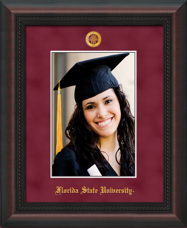 Image of Florida State University 5 x 7 Photo Frame - Mahogany Braid - w/Official Embossing of FSU Seal & Name - Single Garnet Suede mat