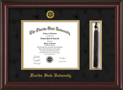 Image of Florida State University Diploma Frame - Mahogany Lacquer - w/Embossed FSU Seal & Name - Tassel Holder - Black Suede on Gold mats