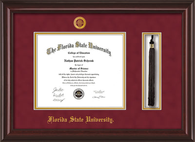 Image of Florida State University Diploma Frame - Mahogany Lacquer - w/Embossed FSU Seal & Name - Tassel Holder - Garnet Suede on Gold mats