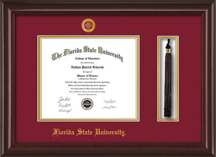 Image of Florida State University Diploma Frame - Mahogany Lacquer - w/Embossed FSU Seal & Name - Tassel Holder - Garnet on Gold mats