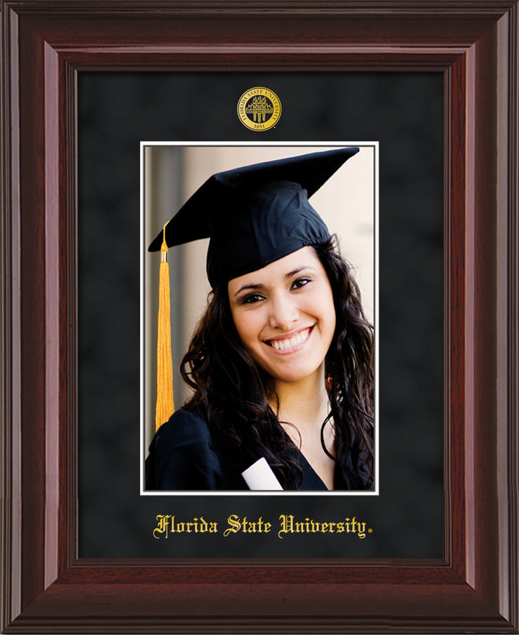 Image of Florida State University 5 x 7 Photo Frame - Mahogany Braid - w/Official Embossing of FSU Seal & Name - Single Black Suede mat