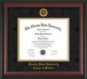 Image of Florida State University Diploma Frame - Rosewood - w/Embossed FSU Seal & College of Medicine Name - Black Suede on Gold mats