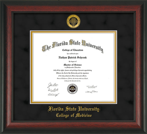 Image of Florida State University Diploma Frame - Rosewood - w/Embossed FSU Seal & College of Medicine Name - Black Suede on Gold mats