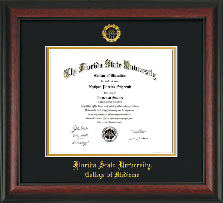 Image of Florida State University Diploma Frame - Rosewood - w/Embossed FSU Seal & College of Medicine Name - Black on Gold mats