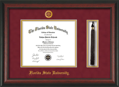 Image of Florida State University Diploma Frame - Rosewood - w/Embossed FSU Seal & Name - Tassel Holder - Garnet Suede on Gold mats