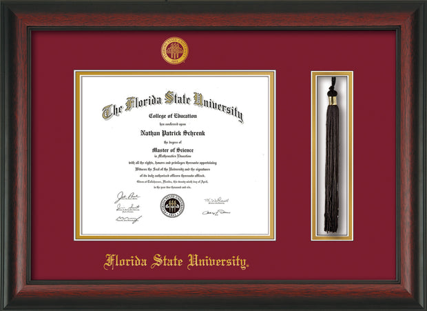 Image of Florida State University Diploma Frame - Rosewood - w/Embossed FSU Seal & Name - Tassel Holder - Garnet on Gold mats