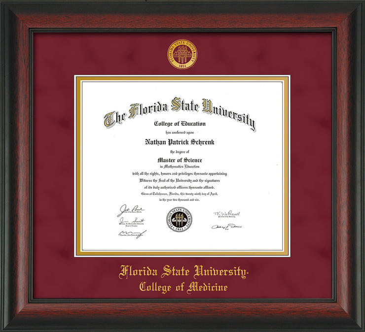 Image of Florida State University Diploma Frame - Rosewood - w/Embossed FSU Seal & College of Medicine Name - Garnet Suede on Gold mats