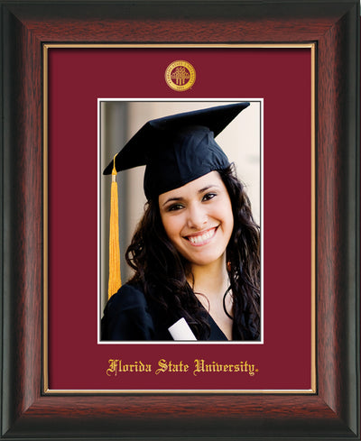 Image of Florida State University 5 x 7 Photo Frame - Rosewood w/Gold Lip - w/Official Embossing of FSU Seal & Name - Single Garnet mat