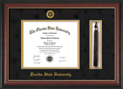 Image of Florida State University Diploma Frame - Rosewood w/Gold Lip - w/Embossed FSU Seal & Name - Tassel Holder - Black Suede on Gold mats