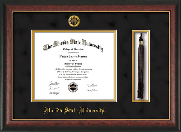 Image of Florida State University Diploma Frame - Rosewood w/Gold Lip - w/Embossed FSU Seal & Name - Tassel Holder - Black Suede on Gold mats