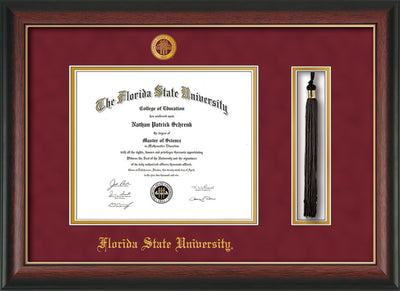 Image of Florida State University Diploma Frame - Rosewood w/Gold Lip - w/Embossed FSU Seal & Name - Tassel Holder - Garnet Suede on Gold mats