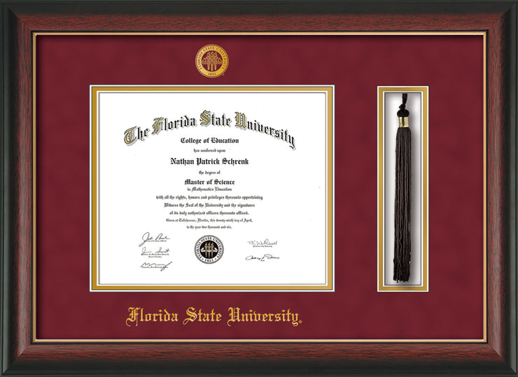 Image of Florida State University Diploma Frame - Rosewood w/Gold Lip - w/Embossed FSU Seal & Name - Tassel Holder - Garnet Suede on Gold mats