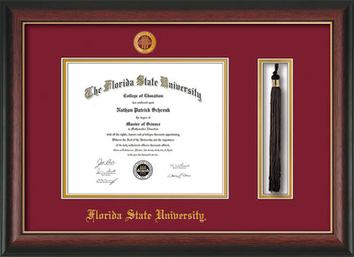 Image of Florida State University Diploma Frame - Rosewood w/Gold Lip - w/Embossed FSU Seal & Name - Tassel Holder - Garnet on Gold mats