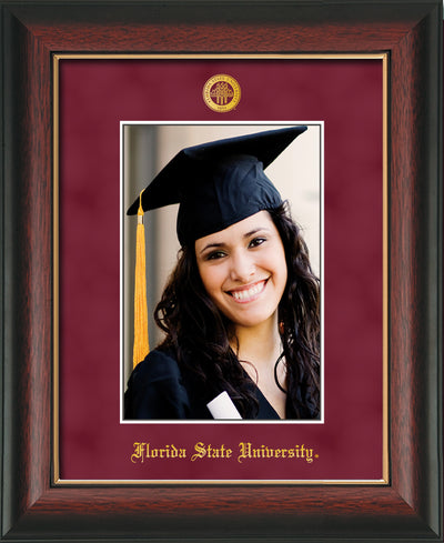 Image of Florida State University 5 x 7 Photo Frame - Rosewood w/Gold Lip - w/Official Embossing of FSU Seal & Name - Single Garnet Suede mat
