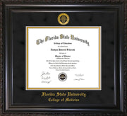 Image of Florida State University Diploma Frame - Vintage Black Scoop - w/Embossed FSU Seal & College of Medicine Name - Black Suede on Gold mats