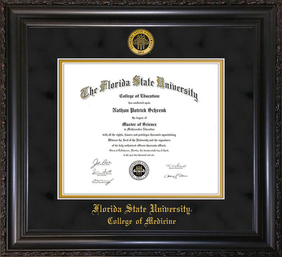 Image of Florida State University Diploma Frame - Vintage Black Scoop - w/Embossed FSU Seal & College of Medicine Name - Black Suede on Gold mats