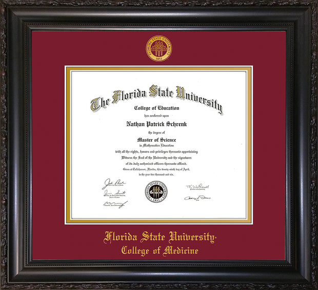 Image of Florida State University Diploma Frame - Vintage Black Scoop - w/Embossed FSU Seal & College of Medicine Name - Garnet on Gold mats