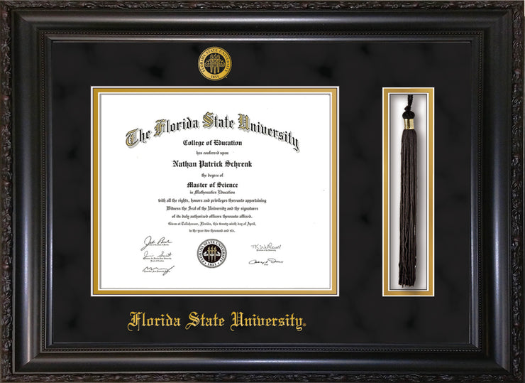 Image of Florida State University Diploma Frame - Vintage Black Scoop - w/Embossed FSU Seal & Name - Tassel Holder - Black Suede on Gold mats