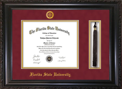 Image of Florida State University Diploma Frame - Vintage Black Scoop - w/Embossed FSU Seal & Name - Tassel Holder - Garnet Suede on Gold mats