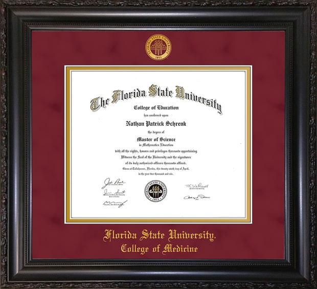 Image of Florida State University Diploma Frame - Vintage Black Scoop - w/Embossed FSU Seal & College of Medicine Name - Garnet Suede on Gold mats
