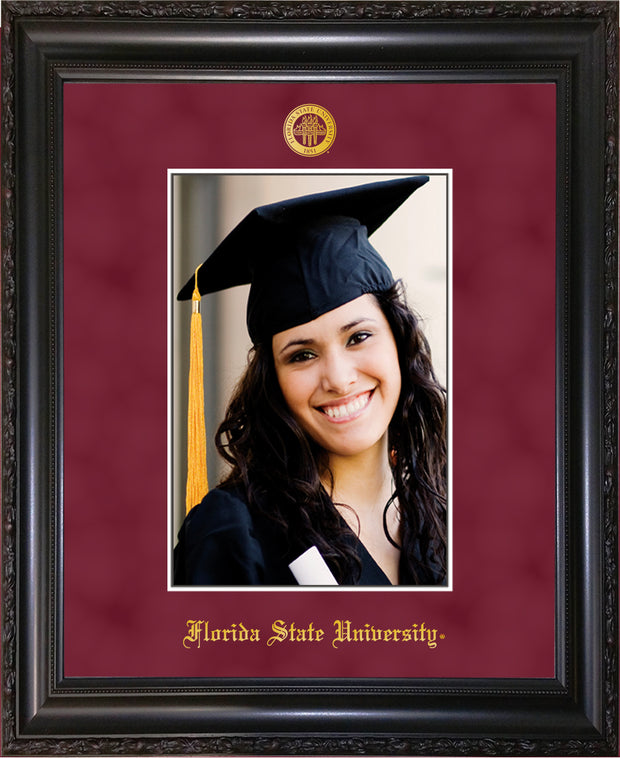 Image of Florida State University 5 x 7 Photo Frame - Vintage Black Scoop - w/Official Embossing of FSU Seal & Name - Single Garnet Suede mat