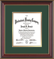 Image of Custom Cherry Lacquer Art and Document Frame with Green on Gold Mat Vertical